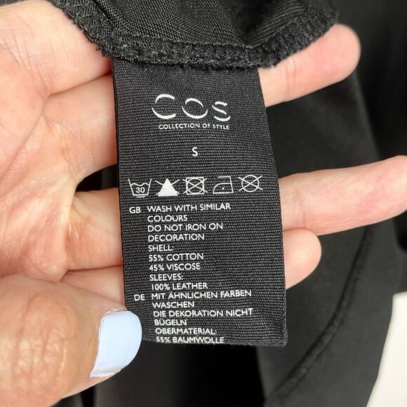 Cos Black Dress w/Perforated Genuine Leather Sleeves Size S - Picture 6 of 6